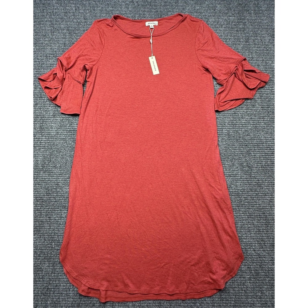 Max Studio Dress Womens Small Red Jersey‎ Ruffle Bell Sleeve T Shirt Casual New